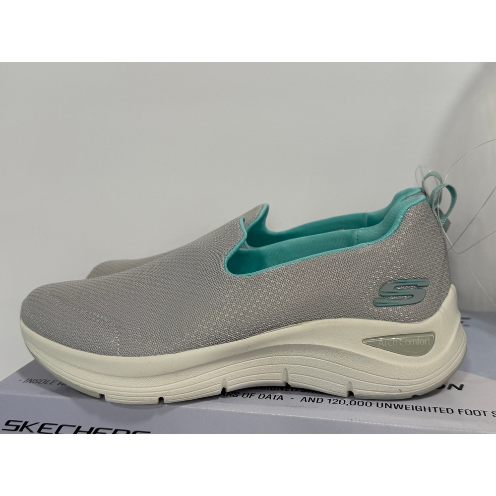 Skechers Arch Comfort Walking Shoes Womens 8 Gray NIB 56126 Teal Trim Slip On